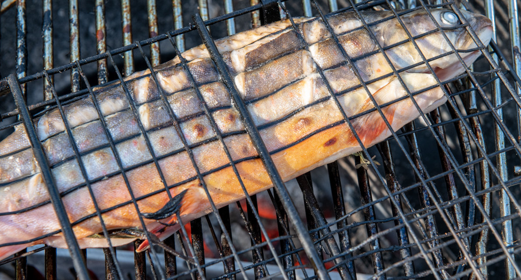 Grilla gärna fisken i ett fiskhalster så blir den lätt att vända och hantera på grillen. 