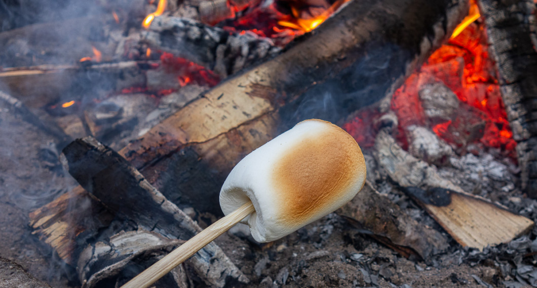 Marshmallow grillas så den får färg över glöden