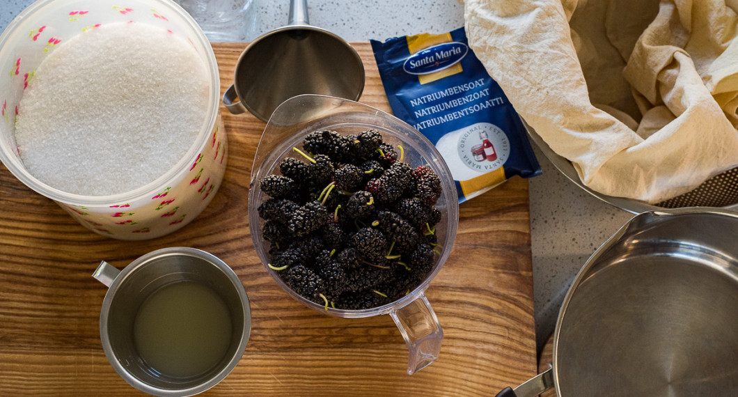 Till saften behöver du socker, pressad citron, vatten, mullbär samt ev. natriumbensoat. 
