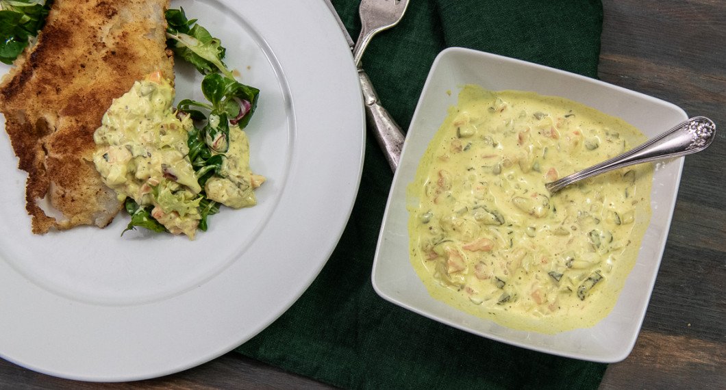 Jag hade remouladsåsen till panerad spätta. 