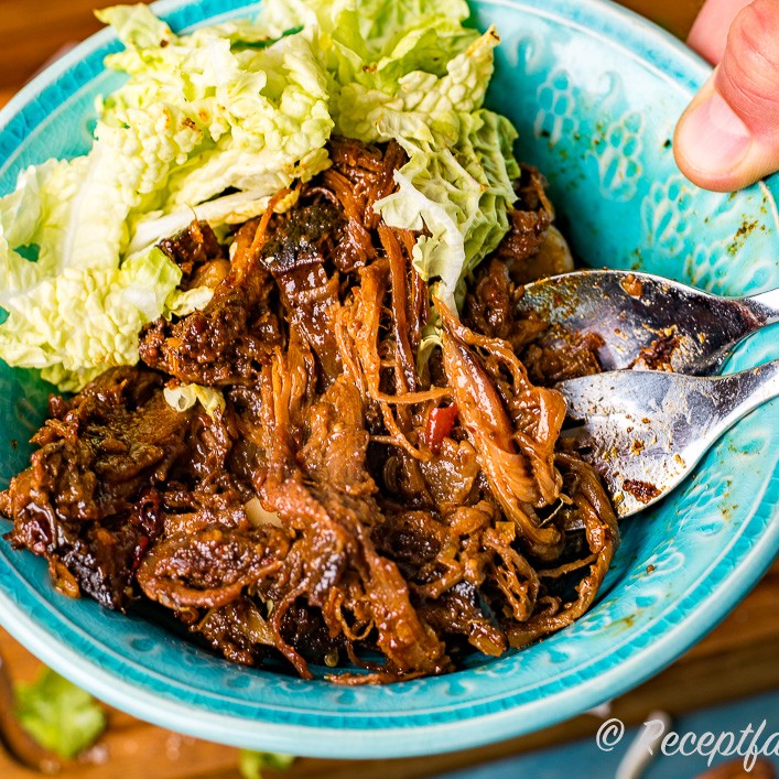 Slow cooked pulled beef with cabbage