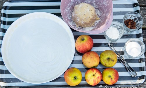 Till tarten behöver du bland annat en smord pajform, pajdeg, äpplen, socker, kokos och russin. 