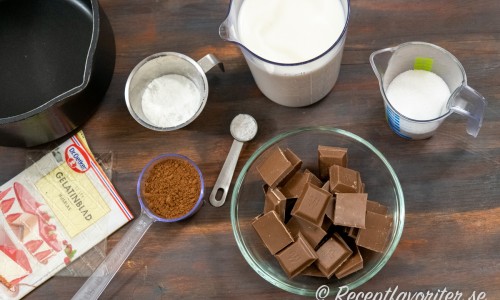 Ingredienser till chokladpuddingen: gelatinblad, kakao, majsstärkelse, mjölk, vaniljsocker, mjölkchoklad och socker. 