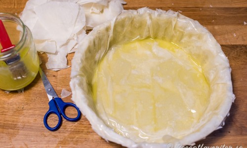 Lägg ut filodegen i en pajform och pensla med smält smör mellan lagren samt klipp bort kanterna. 