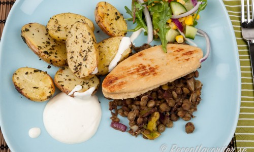 Quornfilé med rostad potatis, linser och limesås
