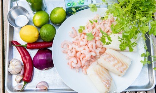 Ingredienser till cevichen: vitlök, citron, lime, röd chili, räkor, torsk, fryst koriander och färsk koriander. 