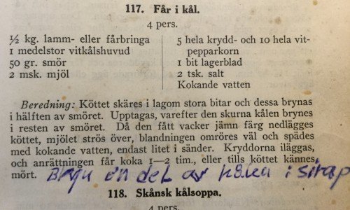 Recept på Får i kål från Kajsas kokbok från 1936 inskickat av Åke Cederwall