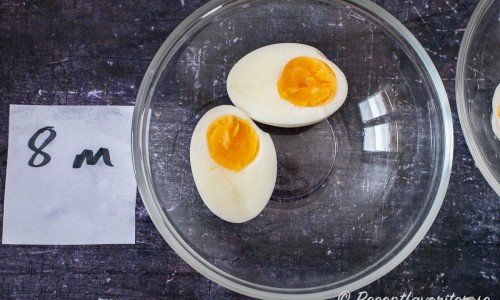 8 minuters ägg är min favorit med krämig äggula och mittemellan löskokt och hårdkokt. Läggs i kokande vatten och kokas 8 minuter. 