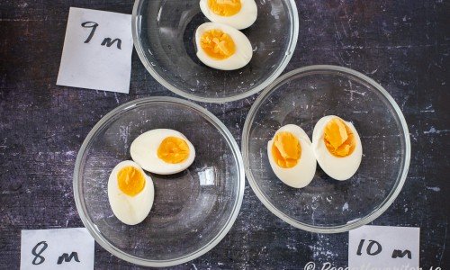 Hårdkokta ägg som får fast gula. Lagda i kokande vatten och kokta från 8 till 10 minuter och uppåt. 