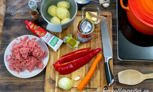 Ingredienser till köttfärsgrytan