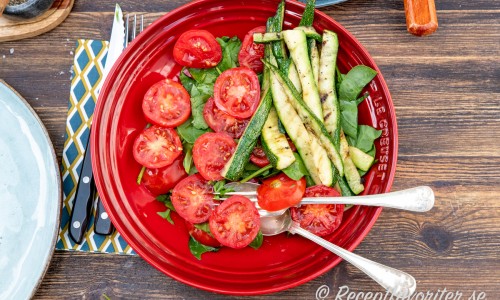 Grillad zucchini som sallad med tomater och babyspenat. 