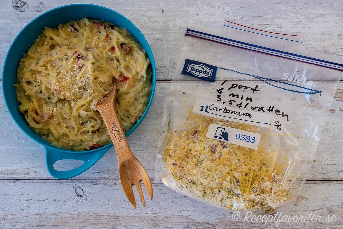 Min variant på pasta Carbonara med tunn spagetti - capellini och mer grönsaker som paprika, purjolök och persilja. 