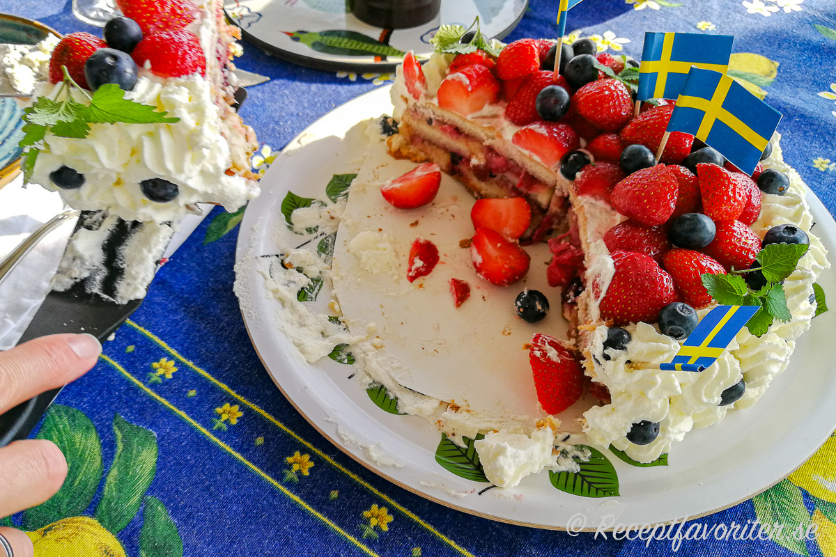 Midsommartårtan toppad med färska jordgubbar och blåbär samt citronmeliss och svenska flaggor. Midsommartårtan toppad med färska jordgubbar och blåbär samt citronmeliss och svenska flaggor.