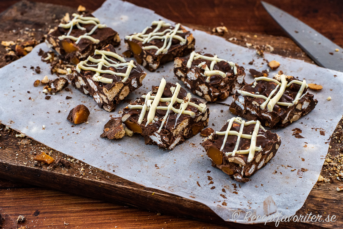 Rocky road gör du genom att blanda smält choklad med jordnötter och marshmallows. Jag hade även i mjuk kola och Digestivekex men det är valfritt. Rocky road gör du genom att blanda smält choklad med jordnötter och marshmallows. Jag hade även i mjuk kola och Digestivekex men det är valfritt.