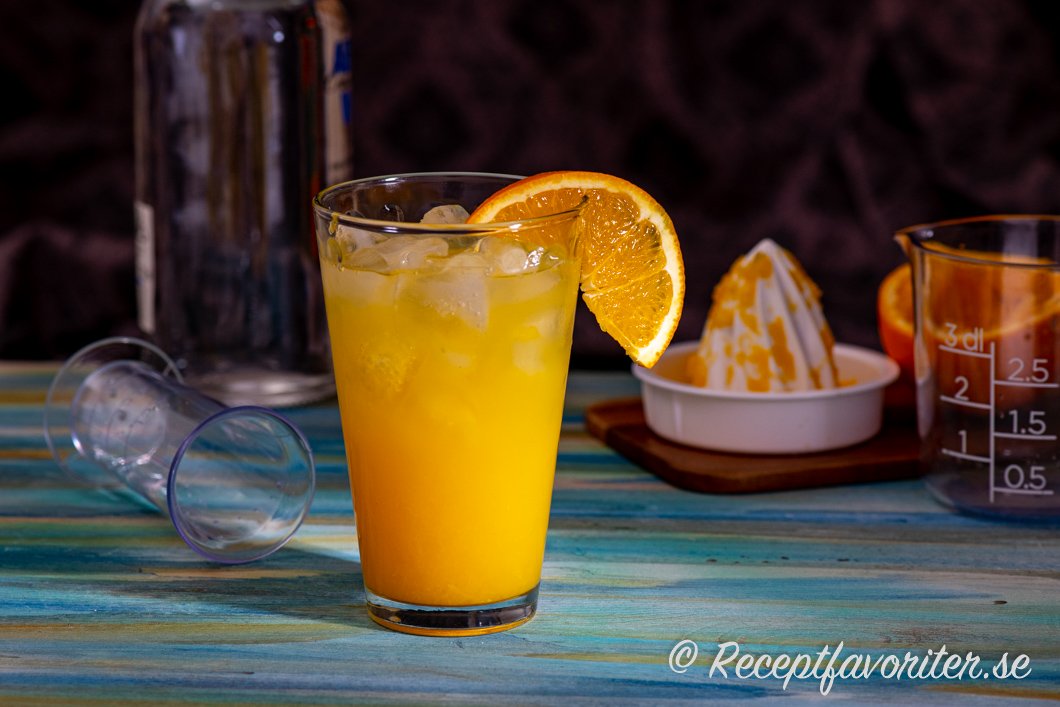 Screwdriver med färskpressad apelsinjuice och is i glas Screwdriver med färskpressad apelsinjuice och is i glas