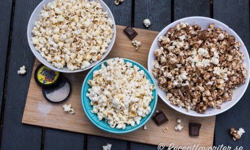 Lakritspopcorn, kokospopcorn och chokladpopcorn